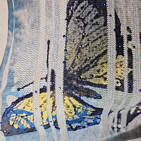 STYLE & CO BLUE YELLOW BUTTERFLY FLUTTER SLEEVE PULLOVER TOP - Picture 3 of 13